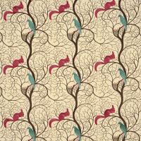 Squirrel and Dove Embroidery Fabric - Teal/Red