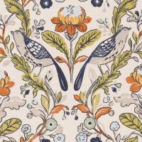 Orchard Birds Fabric - Denim/Spice
