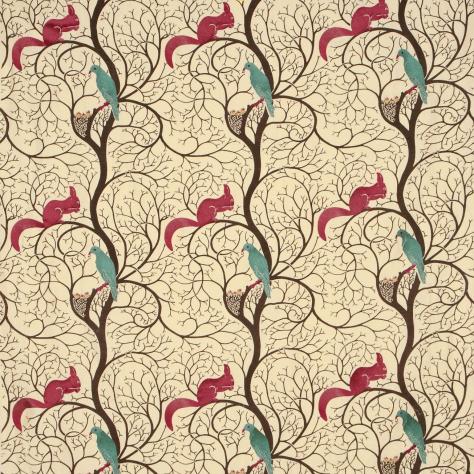 Sanderson Vintage Prints & Weaves Fabrics Squirrel and Dove Embroidery Fabric - Teal/Red - DVIPSQ302