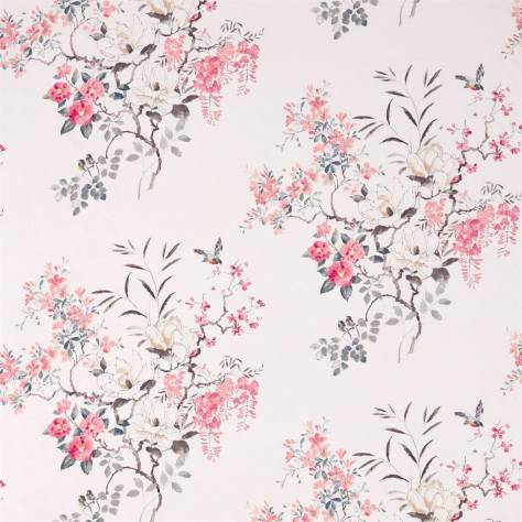 Sanderson Waterperry Prints & Embroideries Fabrics Magnolia and Blossom Fabric - Coral/Silver - DWAP226295