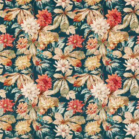 Sanderson Elysian Fabrics Dahlia and Rosehip Fabric - Teal/Russet - DYSI226533 - Image 1