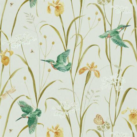 Sanderson A Celebration of the National Trust Kingfisher and Iris Fabric - Teal / Amber - DNTF226731