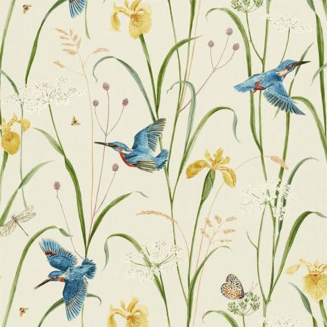 Sanderson A Celebration of the National Trust Kingfisher and Iris Fabric - Azure / Linen - DNTF226732 - Image 1