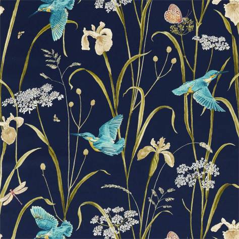 Sanderson A Celebration of the National Trust Kingfisher and Iris Fabric - Navy / Teal - DNTF226733