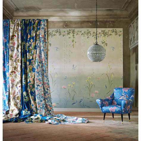 Sanderson Water Garden Fabrics Emperor Peony Fabric - Midnight/Apricot - DWAT226961