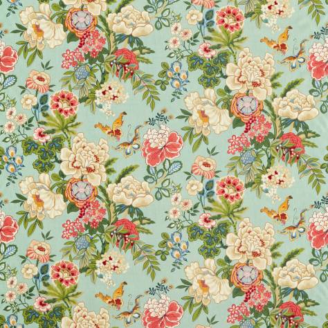 Sanderson Water Garden Fabrics Emperor Peony Fabric - Jade/Apricot - DWAT226963 - Image 1