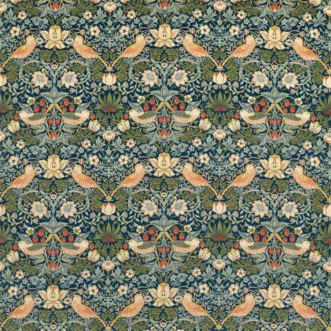 William Morris & Co Rouen Velvets Strawberry Thief Velvet Fabric - Indigo / Thyme - DROF236932