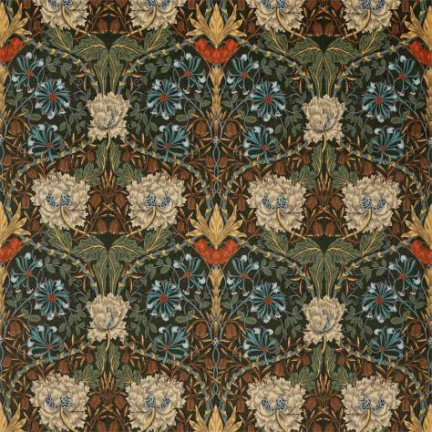 William Morris & Co Rouen Velvets Honeysuckle and Tulip Velvet Fabric - Forest / Chestnut - DROF236939