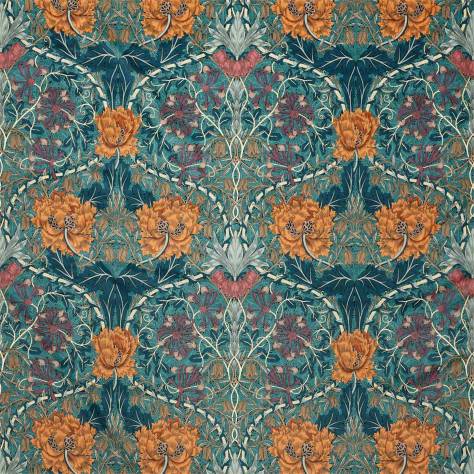 William Morris & Co Rouen Velvets Honeysuckle and Tulip Velvet Fabric - Woad / Mulberry - DROF236940