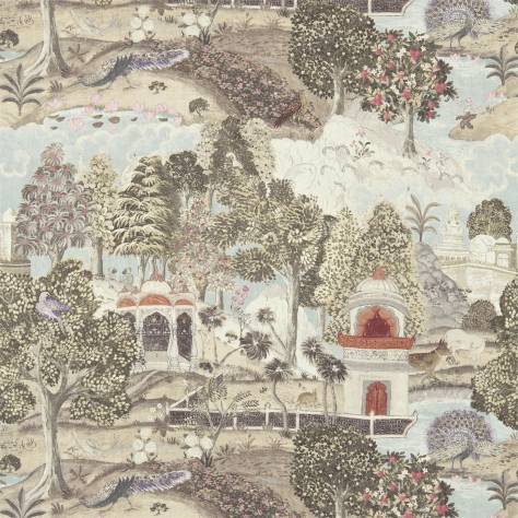 Zoffany Jaipur Prints & Embroideries Peacock Garden Fabric - Linen/Silver - ZJAI321685