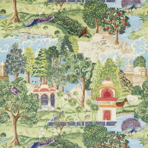 Zoffany Jaipur Prints & Embroideries Peacock Garden Fabric - Green/Coral - ZJAI321686 - Image 1