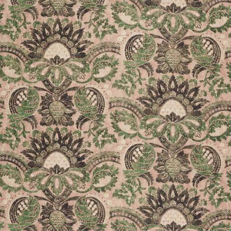 Zoffany Damask - The Alchemy of Colour Fabrics Pomegranate Print Fabric - Tuscan Pink / Huntsman Green - ZDAF322691