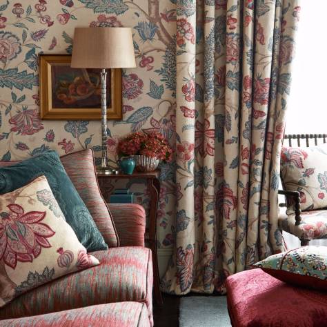 Zoffany Cotswolds Manor Fabrics Storks and Thrushes Fabric - Tuscan Pink/Cobalt - ZCOT322747