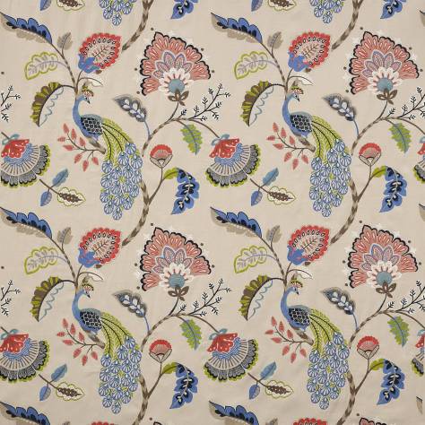 Jane Churchill Azara Fabrics Jaipur Peacock Fabric - Blue/Soft Reds - J0060-02