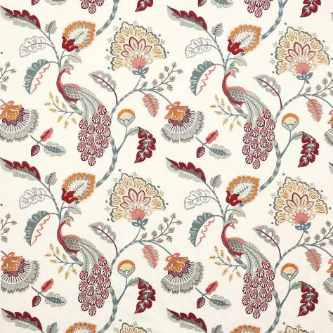 Jane Churchill Azara Fabrics Jaipur Peacock Fabric - Slate/Red - J0060-04