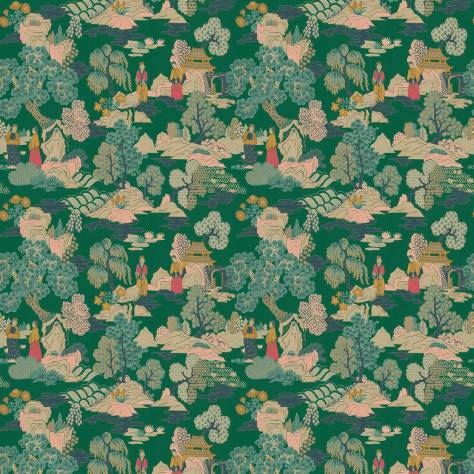 Linwood Fabrics Omega Prints Velvet Japanese Garden Fabric - Jade - LF2092FR/002 - Image 1