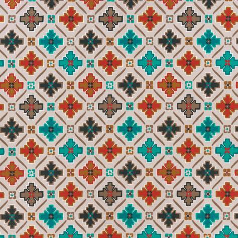 Osborne & Little Taza Fabrics Tarbouche Fabric - Stone / Peacock / Mandarin - F7273-01 - Image 1