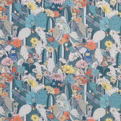 Matthew Williamson Deya Fabrics Cactus Garden Fabric - Peacock / Coral / Lemon - F7247-01