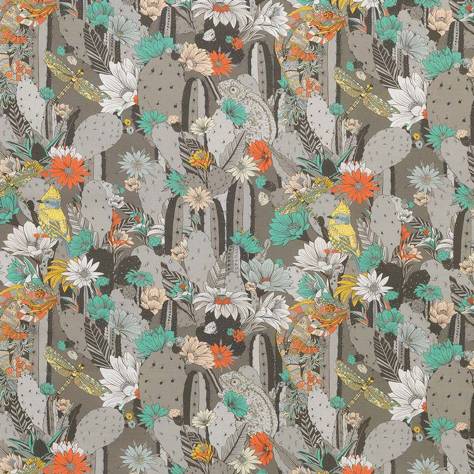 Matthew Williamson Deya Fabrics Cactus Garden Fabric - Dark Pebble / Mint / Coral - F7247-02