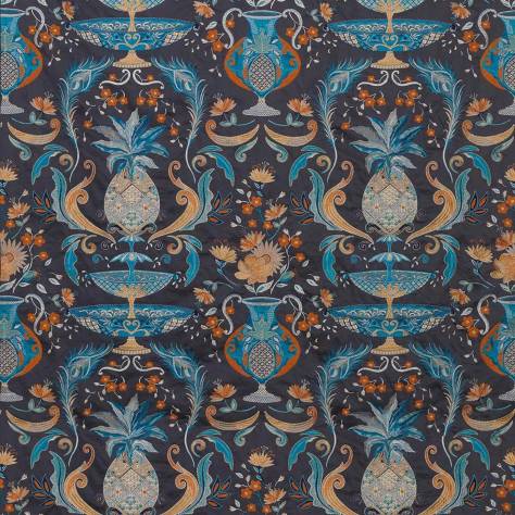 Matthew Williamson Deya Fabrics La Fuente Fabric - Smoke / Persian Blue / Ginger - F7248-02