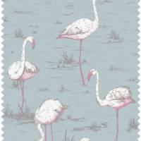 Flamingos Linen Union Fabric - White and Fuschsia/Seafoam