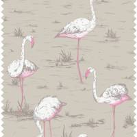 Flamingos Linen Union Fabric - White and Fuschsia/Taupe