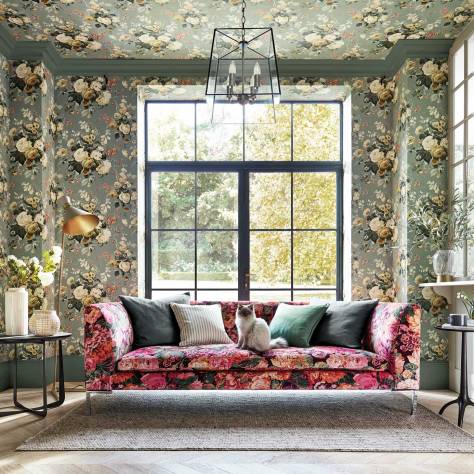 Sanderson One Sixty Wallpapers Very Rose and Peony Wallpaper - Kingfisher/Rowan Berry - DOSW217027