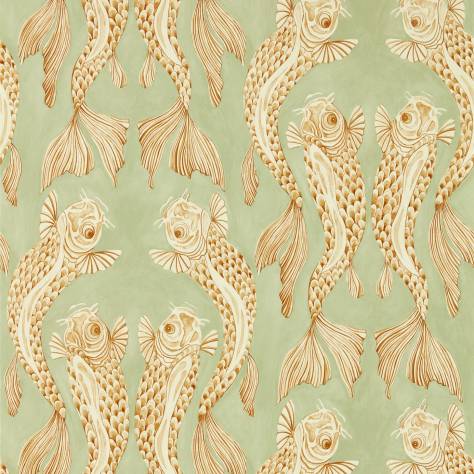 Sanderson Water Garden Wallpapers Voyaging Koi Wallpaper - Oriental Green/Honey - DWAW217114