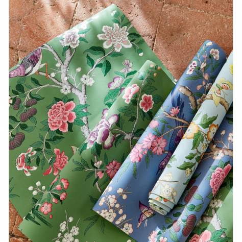 Sanderson Water Garden Wallpapers Bamboo & Birds Wallpaper - China Blue/Lotus Pink - DWAW217129