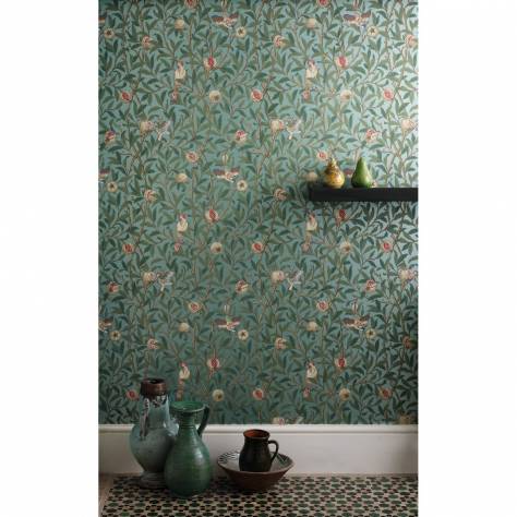 William Morris & Co Compilation Wallpapers Bird & Pomegranate Wallpaper - Turquoise/Coral - DCMW216820