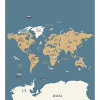 World Map Wallpanel - Bleu/Beige