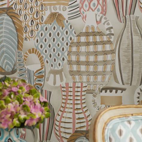 Nina Campbell Les Reves Wallpapers Collioure Wallpaper - Coral / Duck Egg / Gold - NCW4300-01