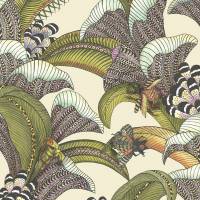 Hoopoe Leaves Wallpaper - Olive Chartreuse and Fuchsia on Cream