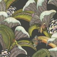 Hoopoe Leaves Wallpaper - Olive Green Chartreuse and Fuchsia on Black