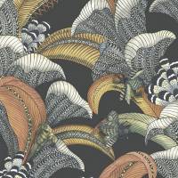Hoopoe Leaves Wallpaper - Terracotta Ochre and Ice Blue on Charcoal