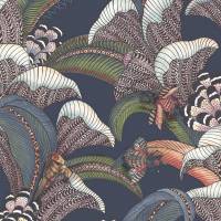 Hoopoe Leaves Wallpaper - Denim Forest Green and Magenta on Midnight